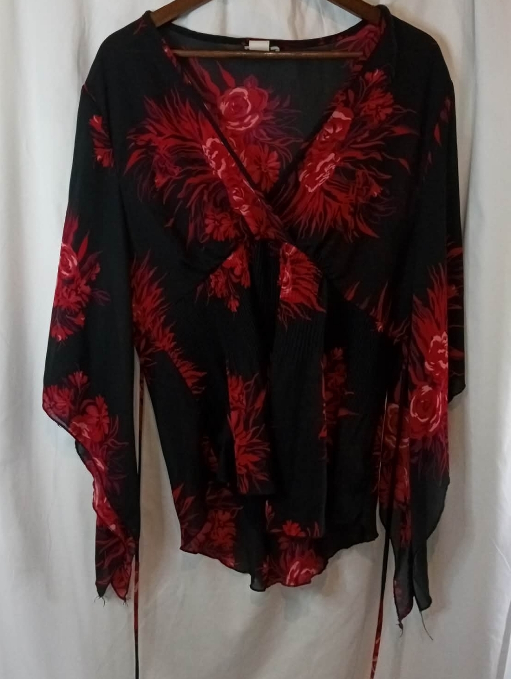 Goddess New York Black Blouse Red Roses Floral Tie Waist Sheer Goth 90s Flowy